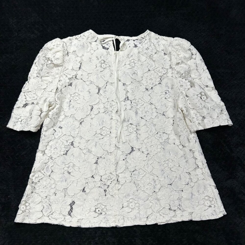 WAYF Women's Lace Puff Sleeve Top L Cream Key Hole Tie Neck - Picture 15 of 16